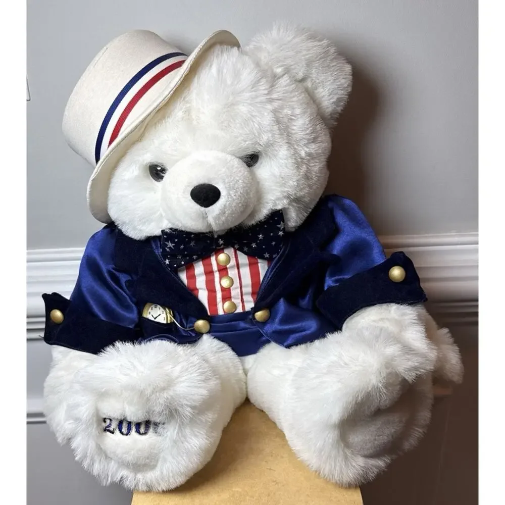 2000 Uncle Sam Patriotic Musical Teddy Bear Lights Voice Clock Plush 18” Works